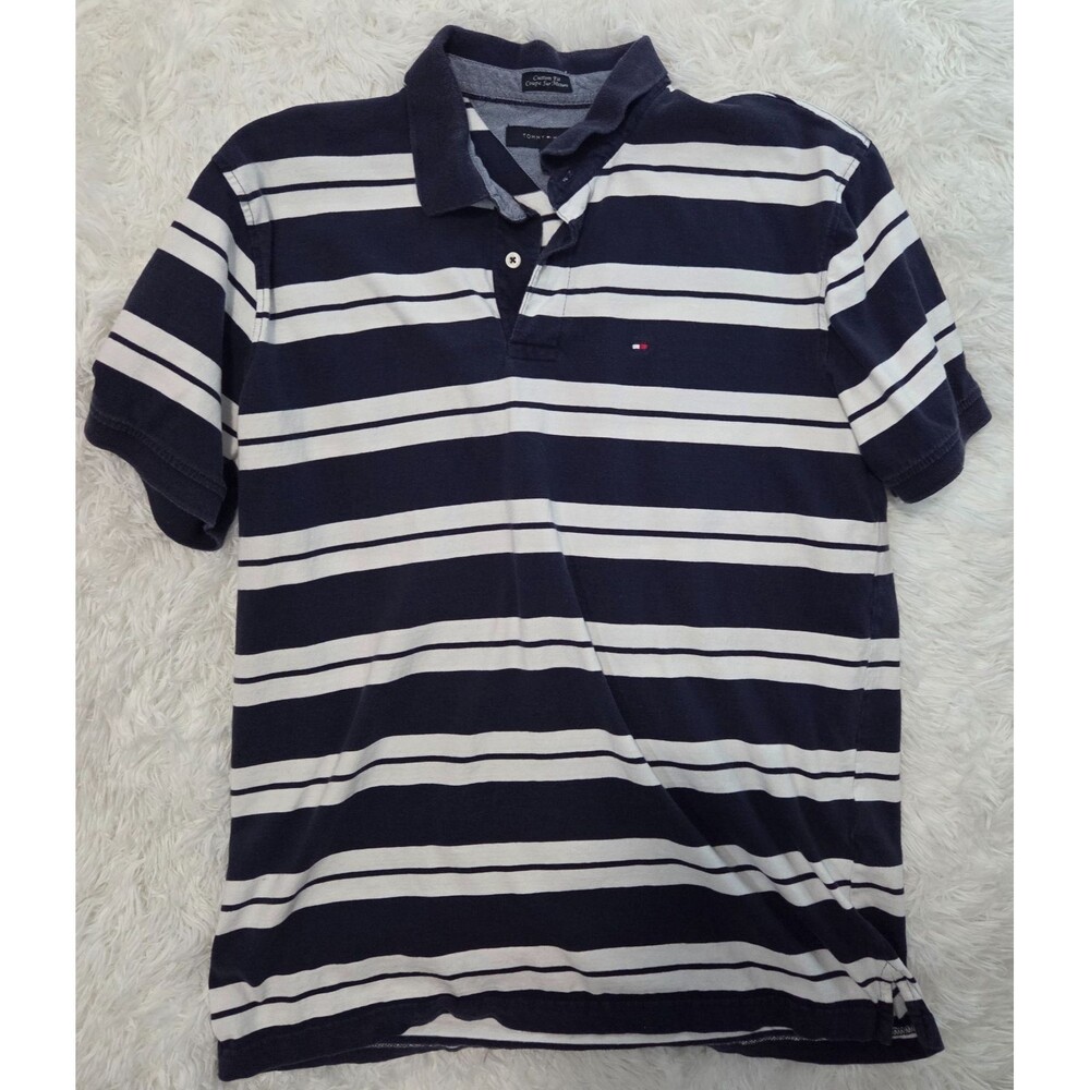 Tommy Hilfiger Custom Fit Polo Shirt Men’s XL Blue White Striped Short Sleeve